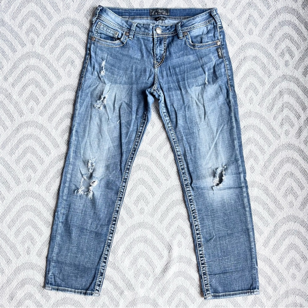 SILVER JEANS Sam Boyfriend Fit Distressed Blue Denim Jeans 29